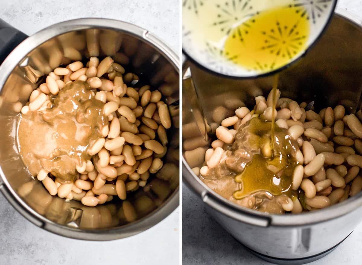 two photos showing how to make White Bean Hummus in a blender