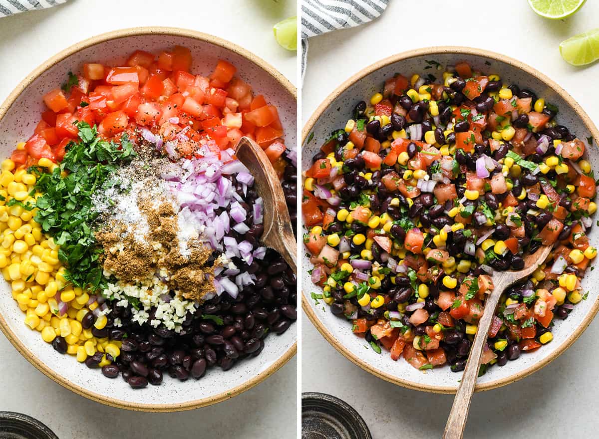 two photos showing mixing Black Bean and Corn Salsa ingredients together