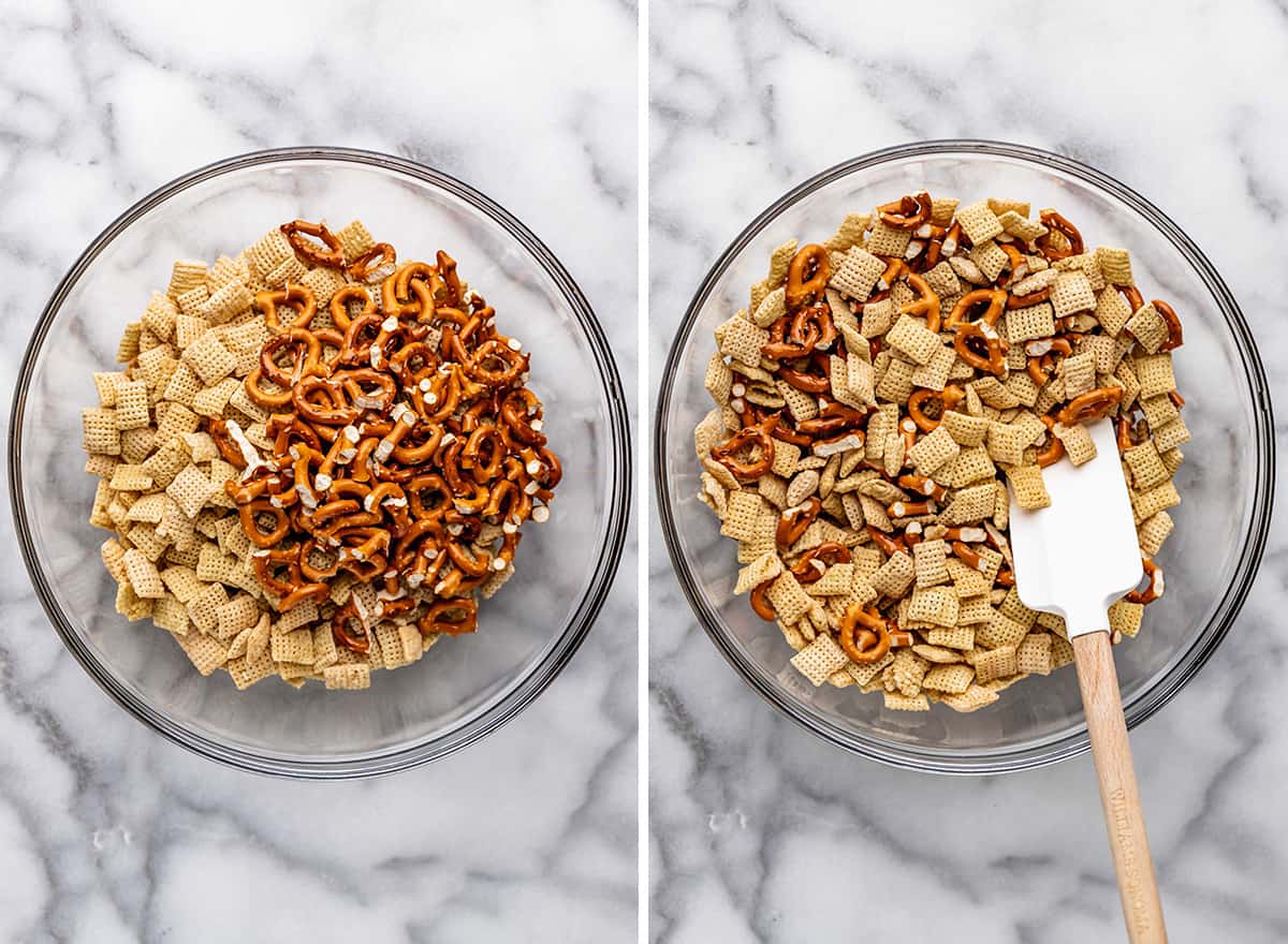 two photos showing how to make Bunny Bait - combining cereal and pretzels