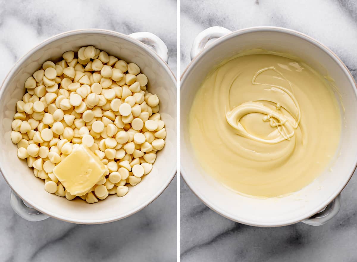 two photos showing how to make Bunny Bait - melting butter and white chocolate