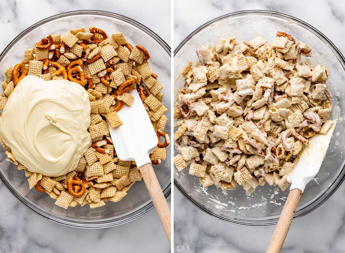 two photos showing how to make Bunny Bait - combining cereal, pretzels and white chocolate