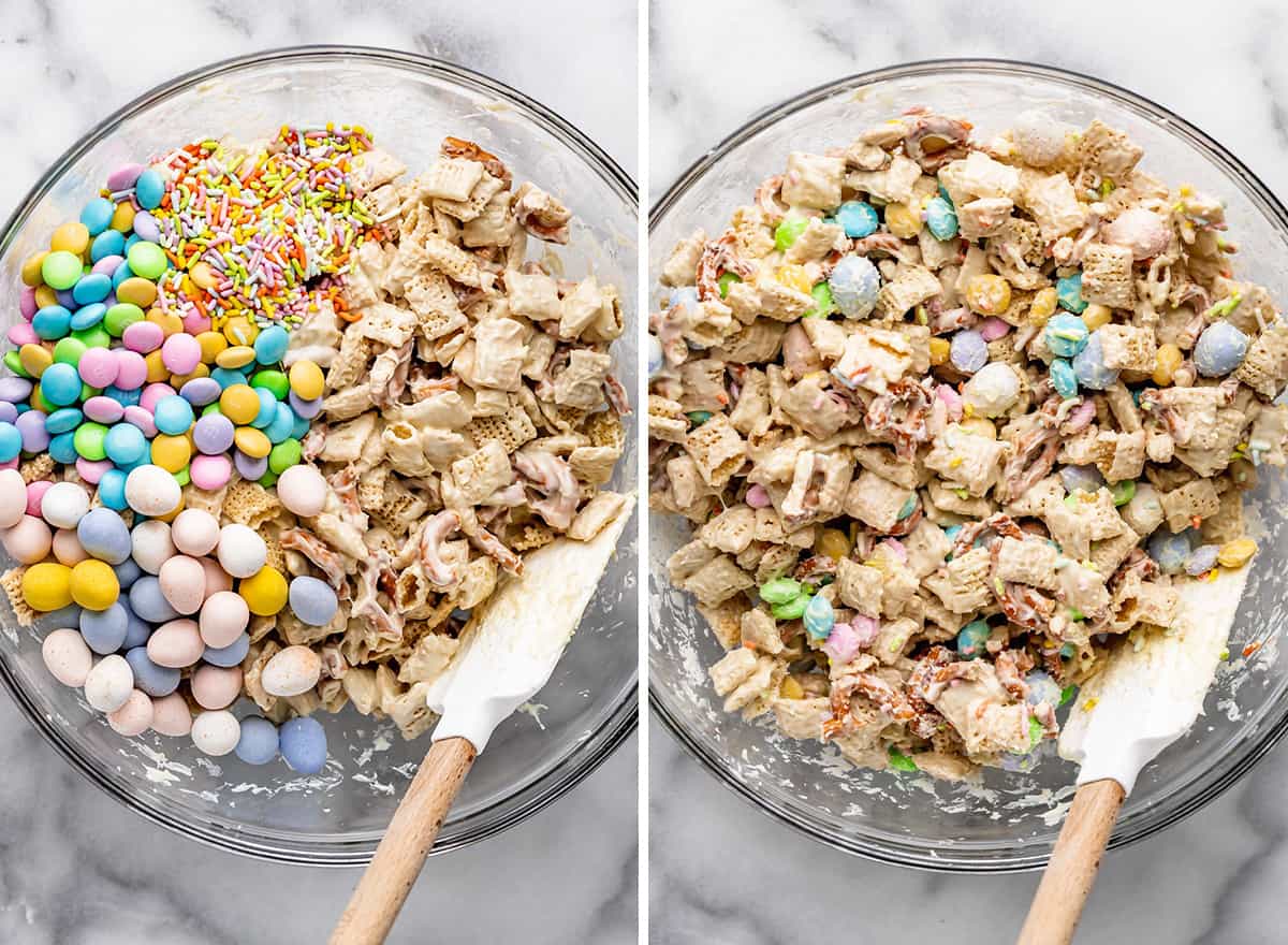 two photos showing how to make Bunny Bait - adding candy