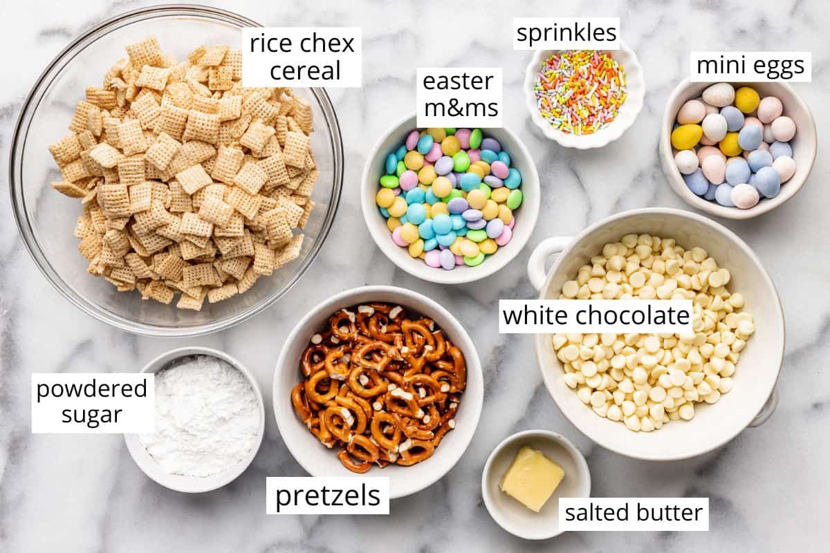 overhead photo of the labeled ingredients in this Bunny Bait recipe