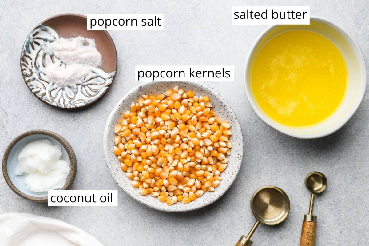 overhead photo of the ingredients in this Butter Popcorn recipe