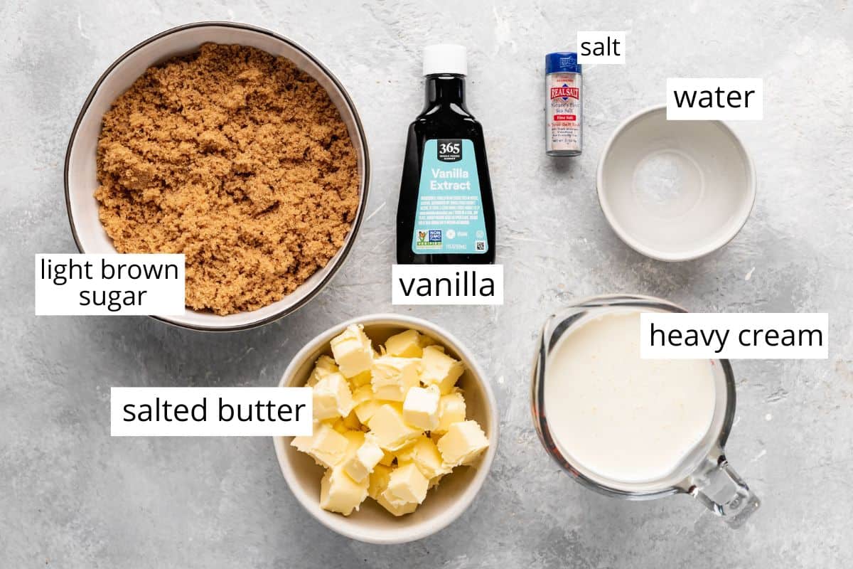 overhead photo of the ingredients in this Caramel Sauce recipe
