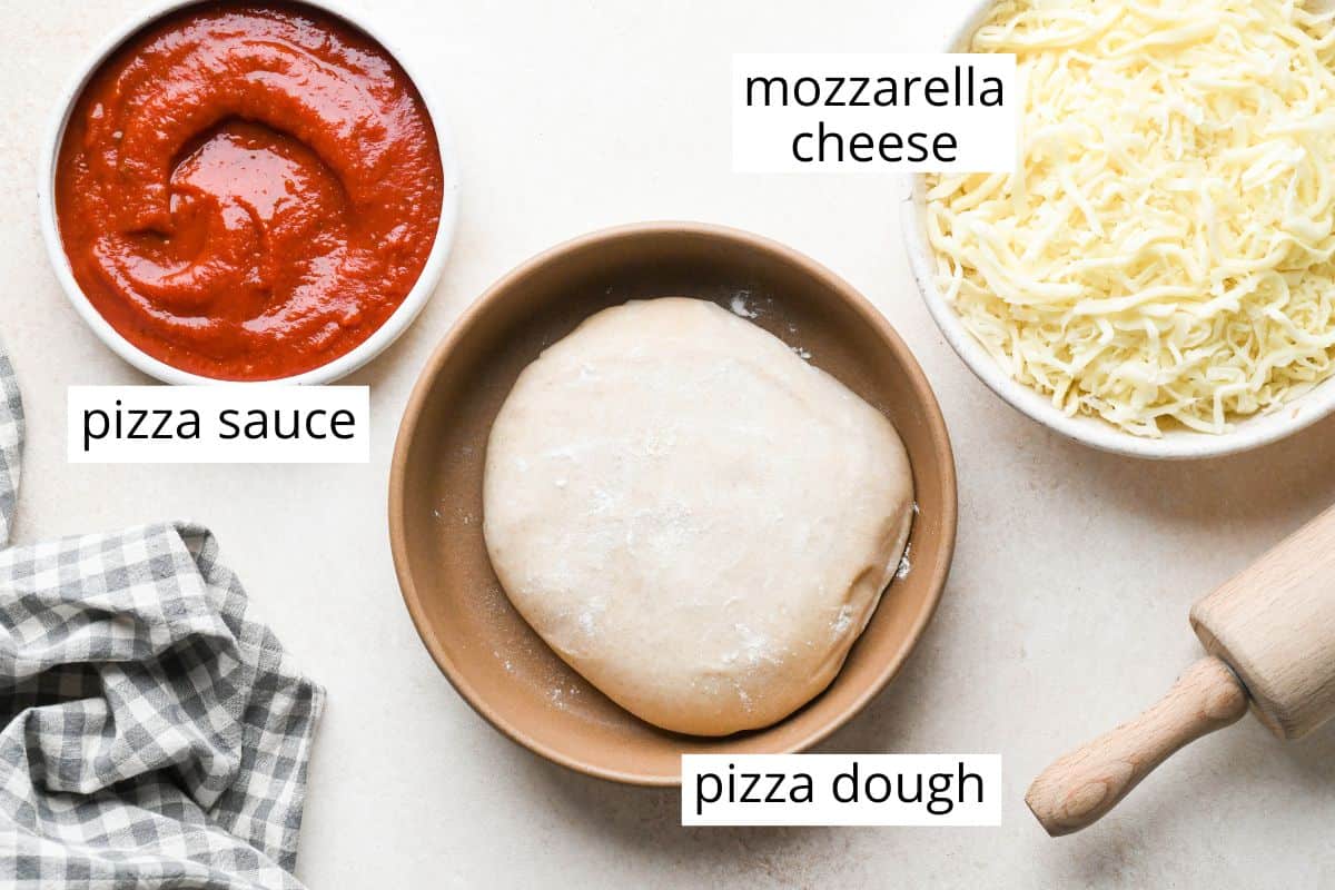 overhead photo of the ingredients in this Cheese Pizza Recipe