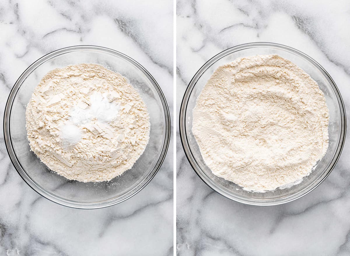 two photos showing how to make toffee cookies - combining dry ingredients