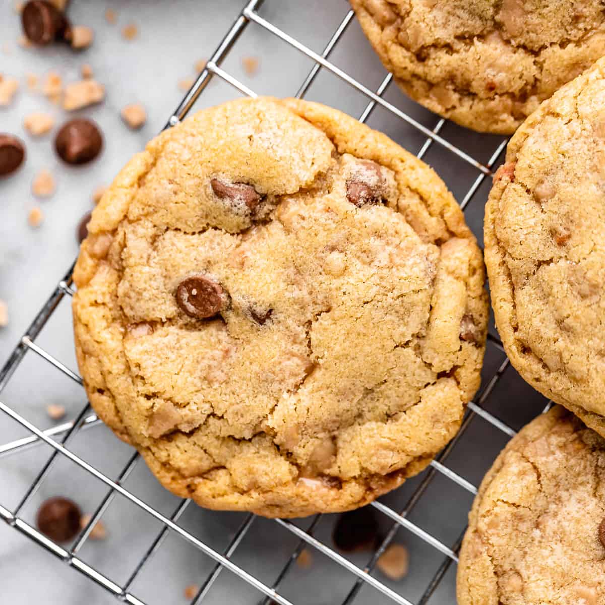 Toffee Cookies on a wire cooling rack