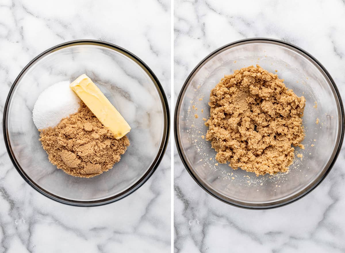 two photos showing how to make toffee cookies -  mixing butter and sugars