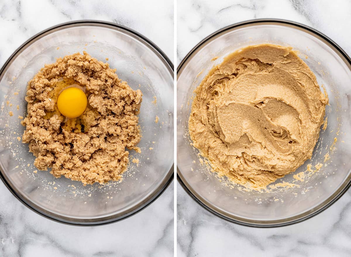 two photos showing how to make toffee cookies - adding egg and vanilla