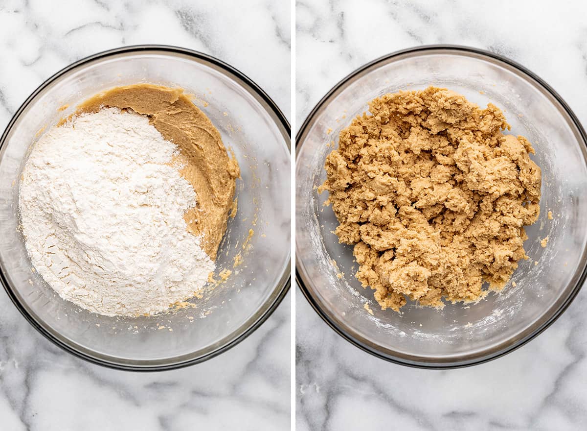 two photos showing how to make toffee cookies - combining wet and dry ingredients