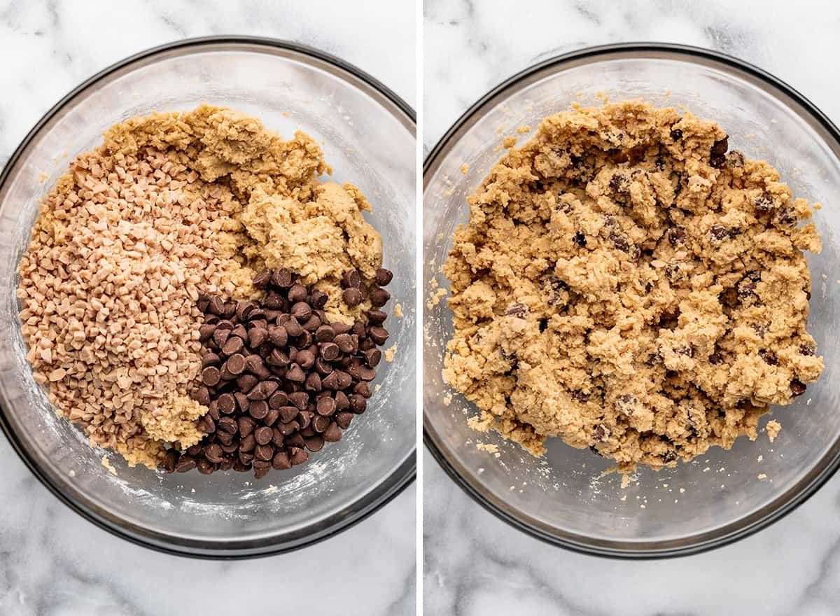 two photos showing how to make toffee cookies - stirring in toffee and chocolate chips