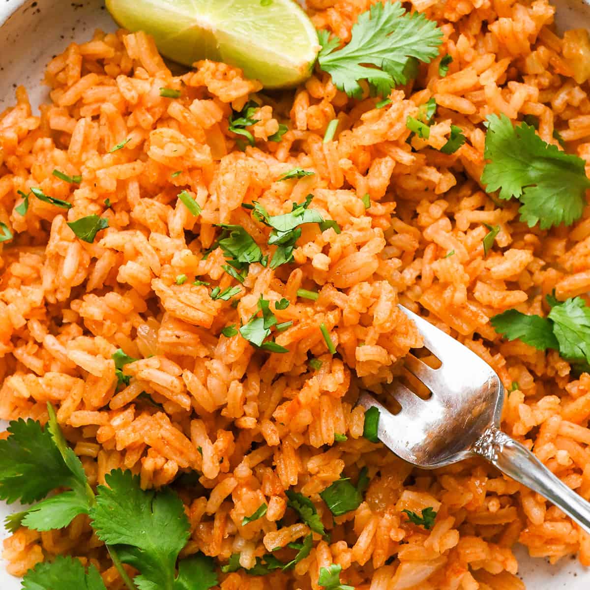 a fork taking a scoop of Mexican Rice