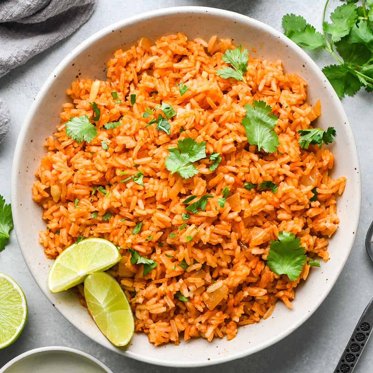 Mexican Rice Recipe on a plate garnished with cilantro