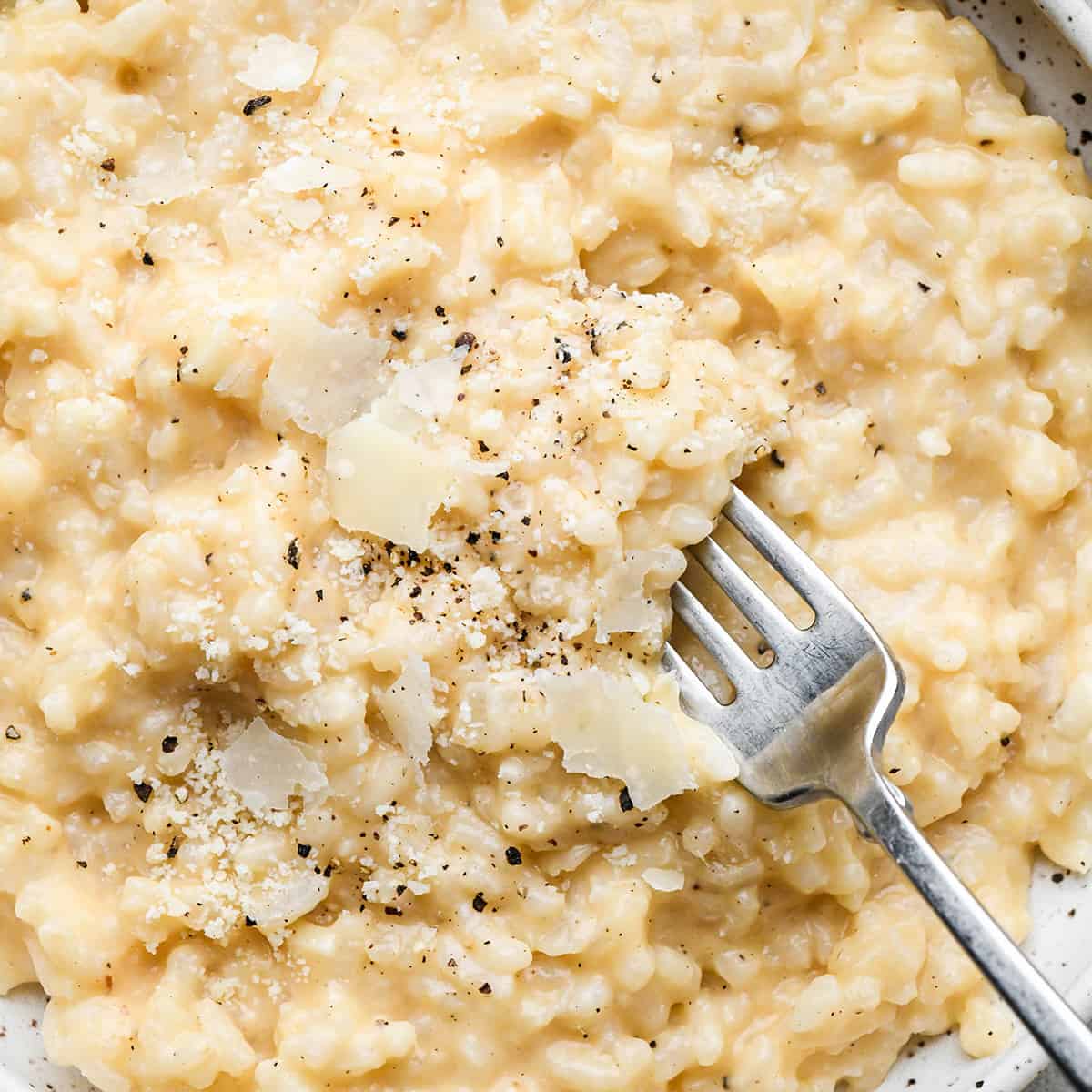 up close photo of a fork taking a bite of risotto in a bowl
