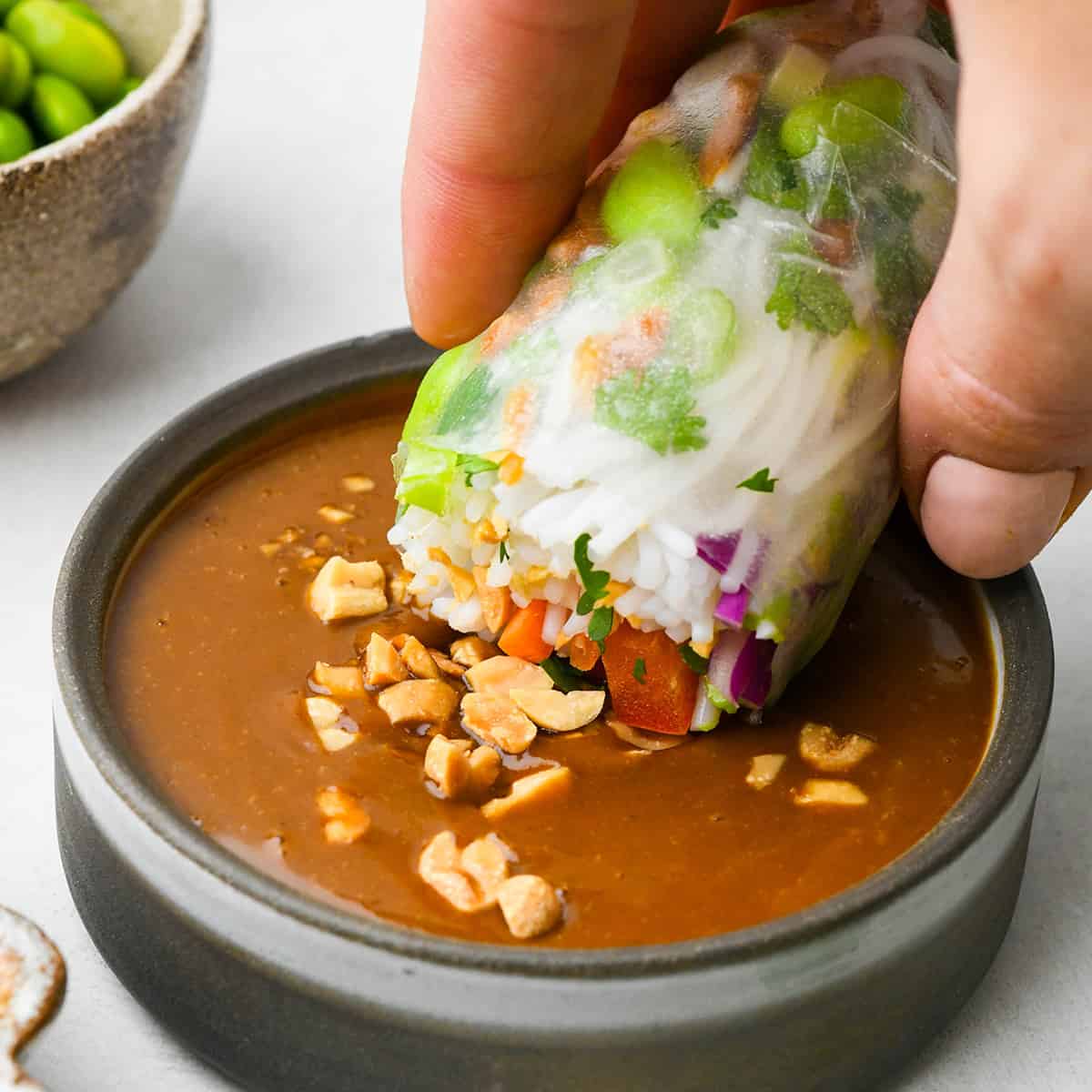 a Spring Roll being dipped into peanut sauce