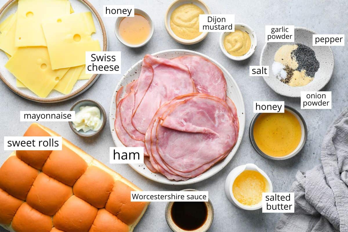 overhead photo of the ingredients in this Ham and Cheese Sliders recipe