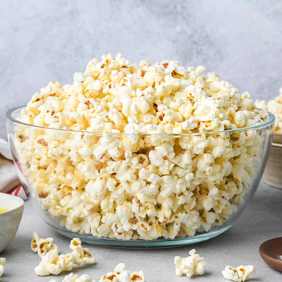 Butter Popcorn in a glass bowl