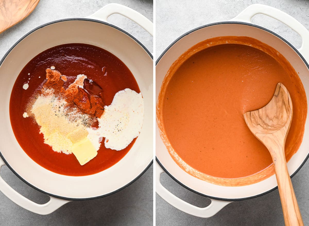 two photos showing how to make Homemade Spaghetti Os sauce