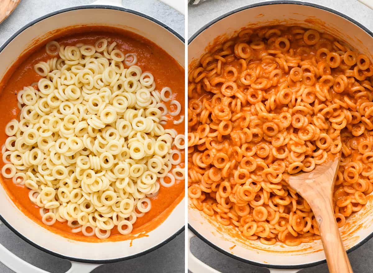 two photos showing Homemade Spaghetti Os - adding O shaped pasta to the sauce