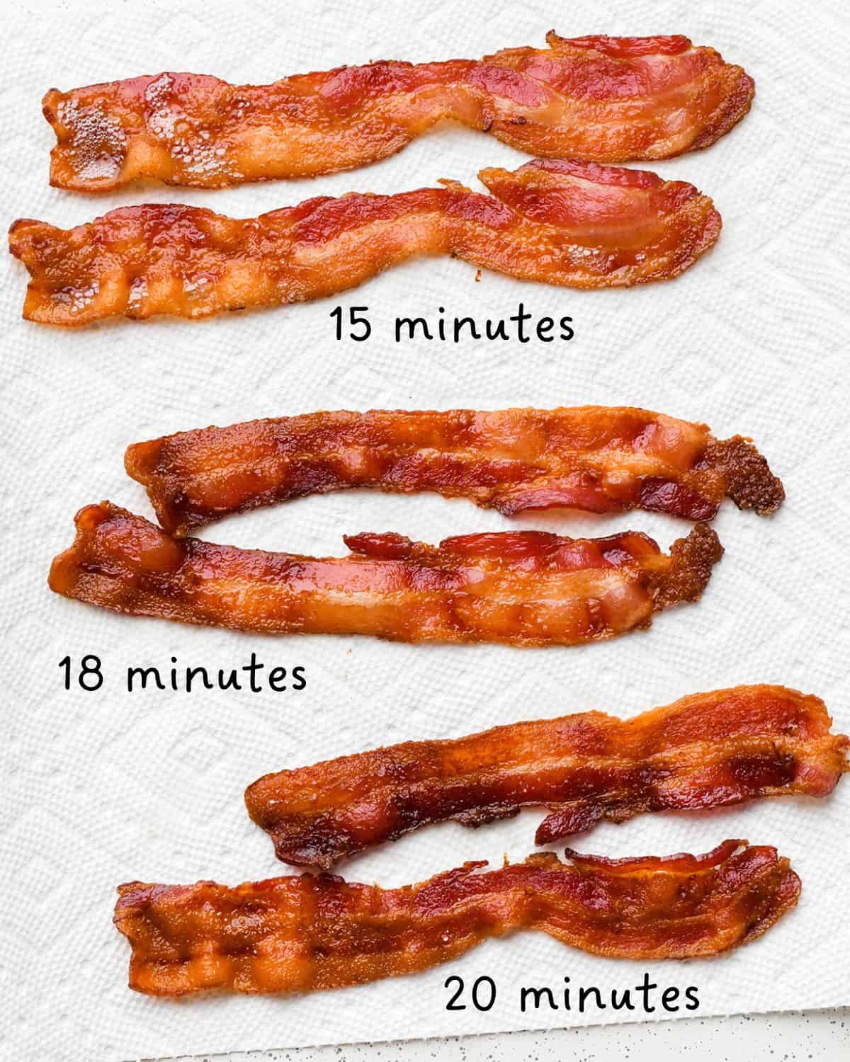 How to Cook Bacon in the Oven - 6 pieces of bacon in 3 pairs, baked for different amounts of time