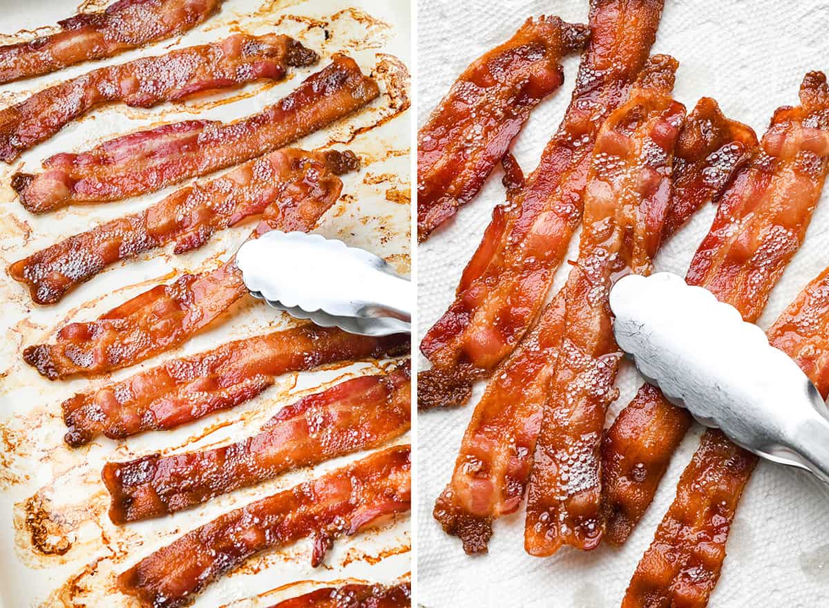 two photos showing How to Cook Bacon in the Oven - using tongs to transfer bacon from baking sheet to paper towel lined plate