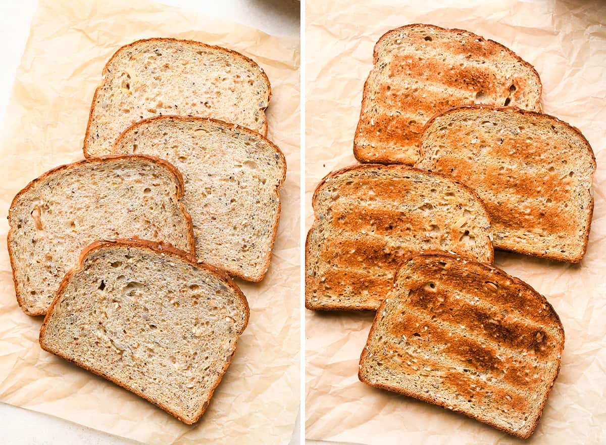 two photos showing how to make a BLT Sandwich - bread before and after toasting