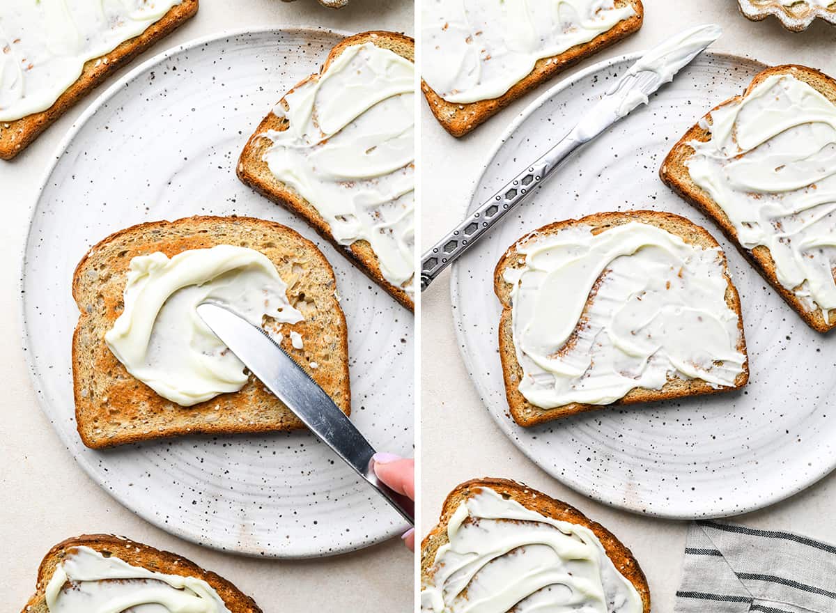 two photos showing how to make a BLT Sandwich - spreading mayonnaise on bread