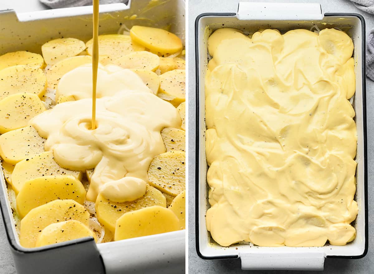 two photos showing pouring the sauce over the potatoes to make au gratin potatoes