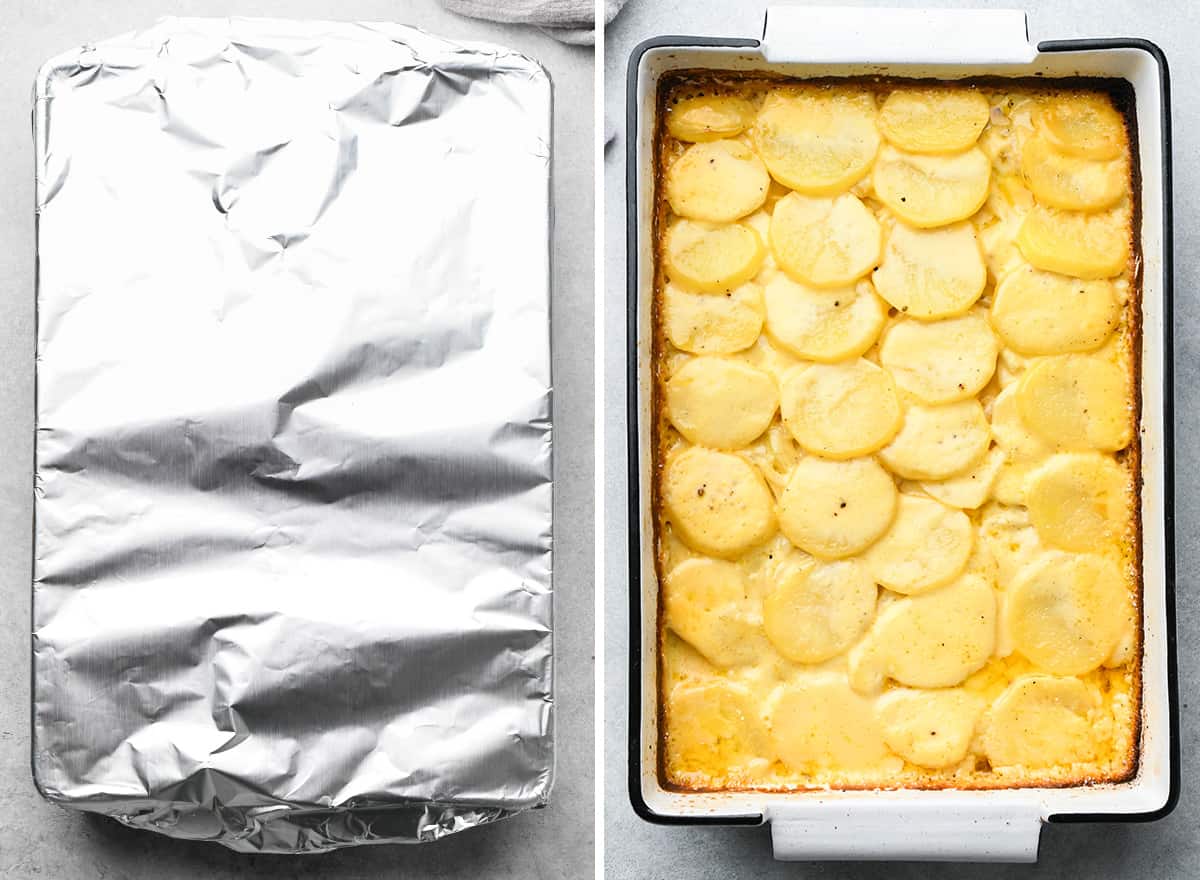 two photos showing potatoes au gratin covered in foil then uncovered after baking