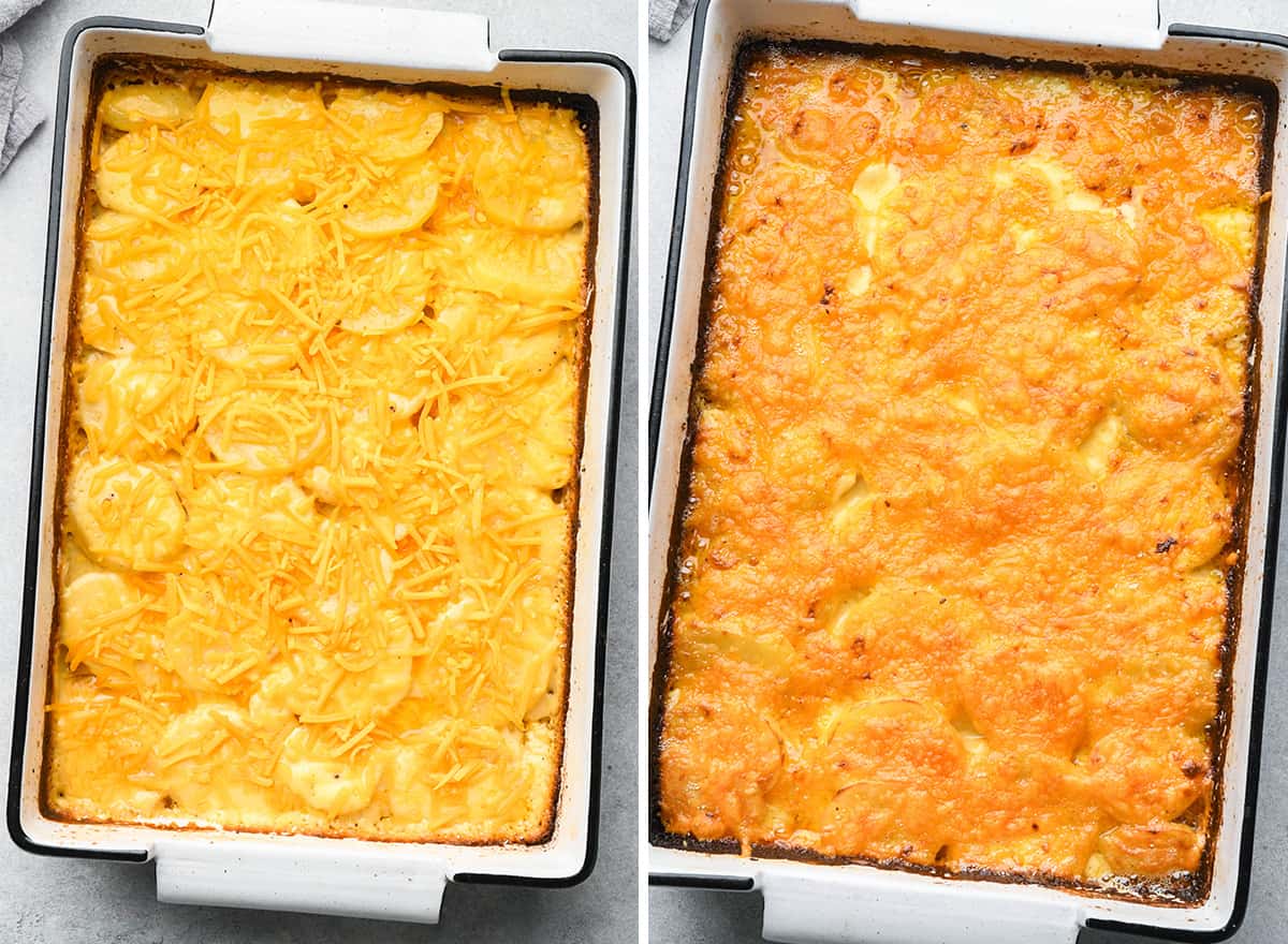 two photos showing adding cheese to the top of potatoes au gratin before and after baking 