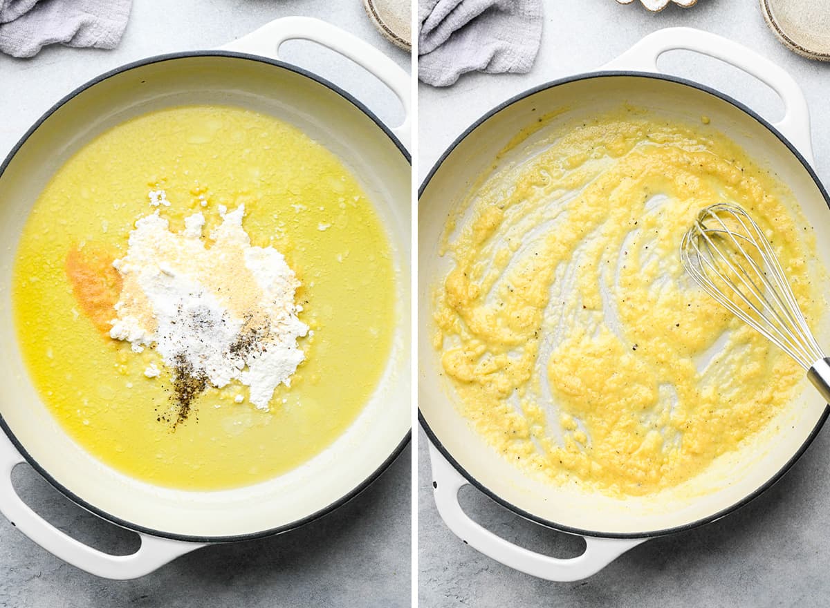 two photos showing how to make au gratin potatoes - making a roux in a suacepan