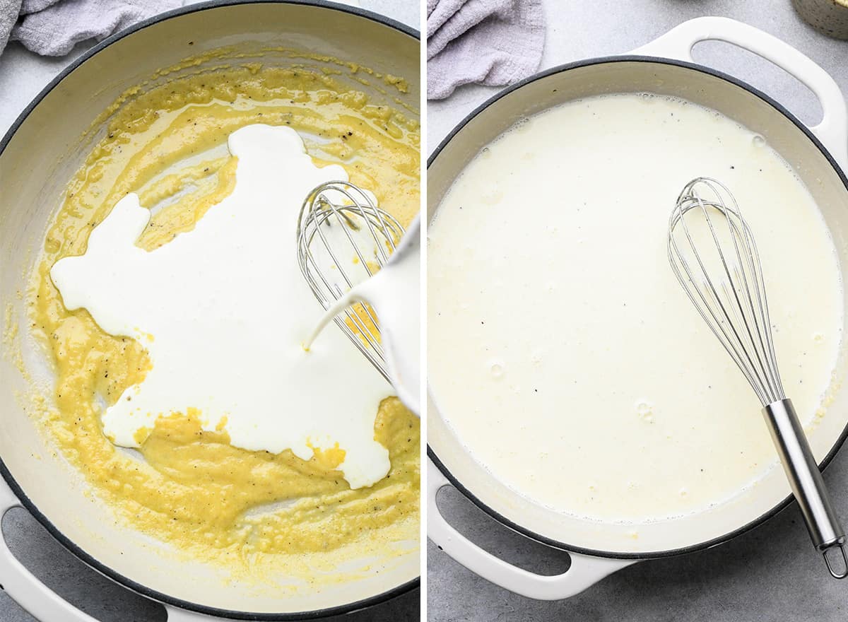 two photos showing how to make au gratin potatoes sauce