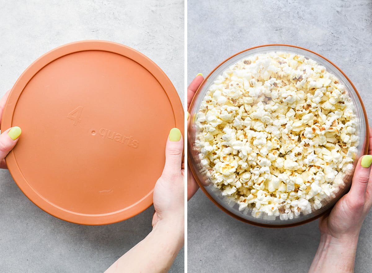 Butter Popcorn in a bowl with a lid being shaken