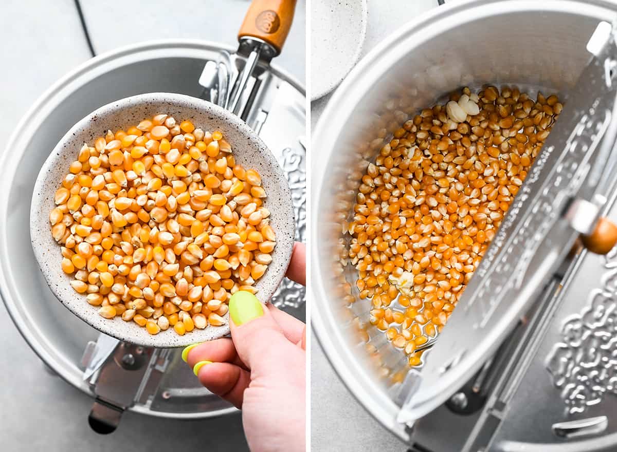 two photos showing how to make Butter Popcorn- pour kernels into popcorn maker
