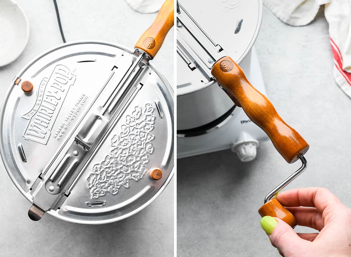 two photos showing how to make buttered popcorn in a whirley pop