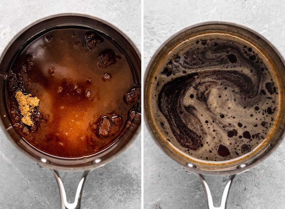  two photos showing how to make Caramel Sauce - combining water and brown sugar