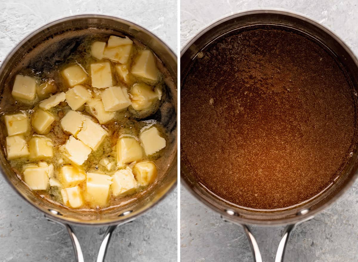 two photos showing how to make Caramel Sauce - adding butter and melting