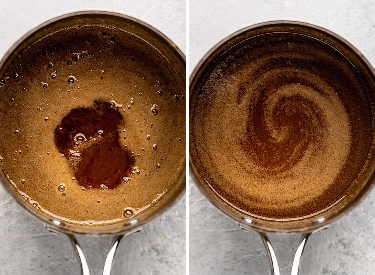 two photos showing how to make Caramel Sauce - adding vanilla