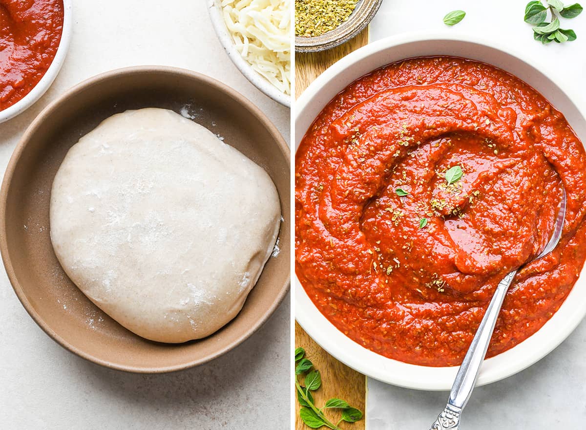 two photos showing homemade pizza dough and sauce to make cheese pizza