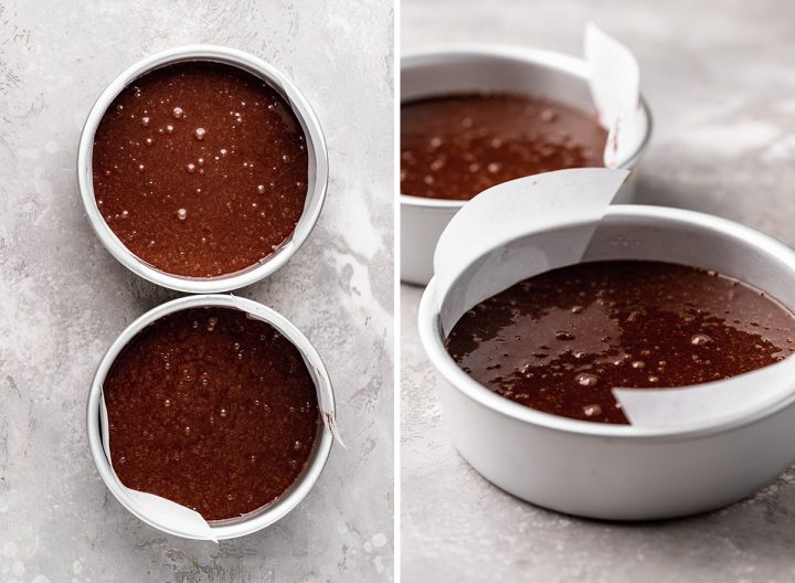 two photos showing How to Make Chocolate Cake From Scratch - batter in cake pans before baking