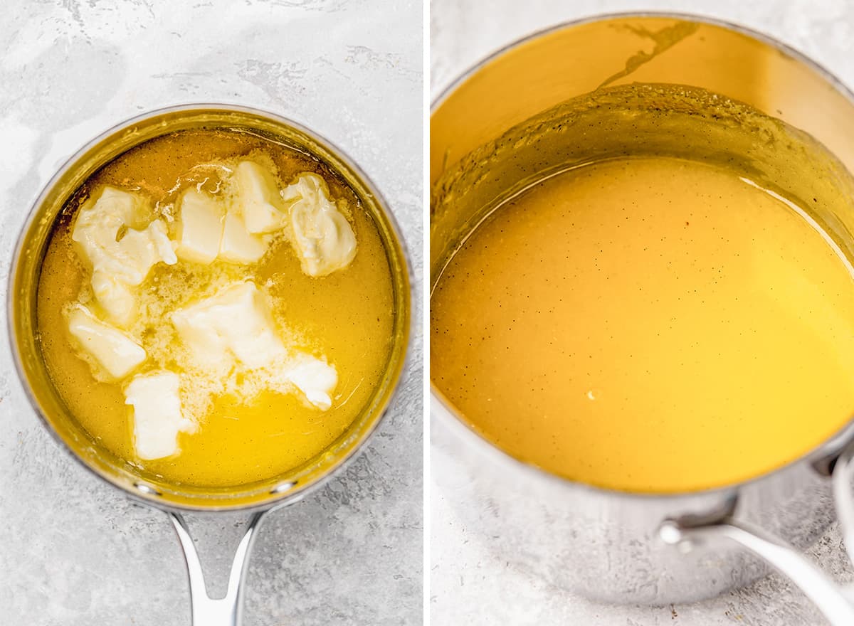 two photos showing How to Make Lemon Curd - adding butter