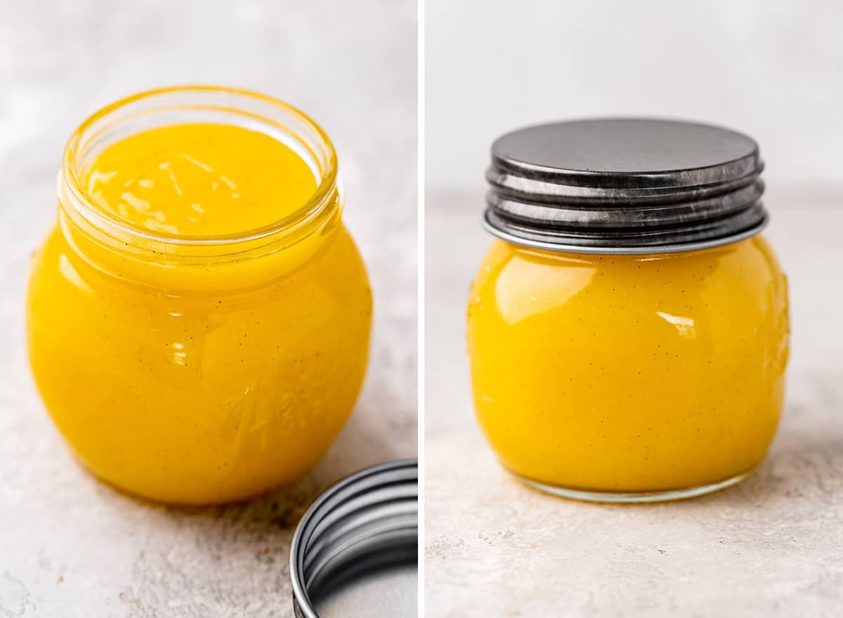 two photos showing lemon curd in a glass jar, without and with the lid