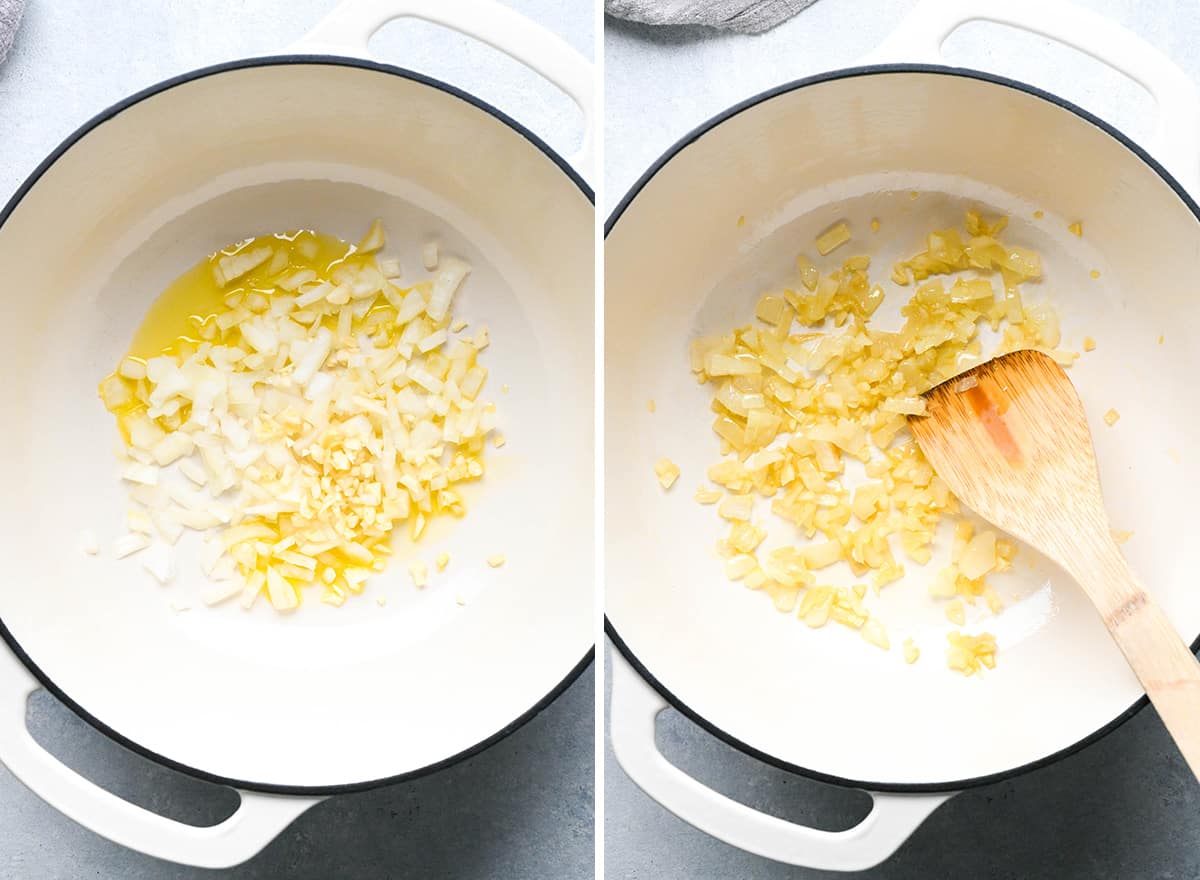 two photos showing how to make Mexican rice - cooking onion and garlic in oil