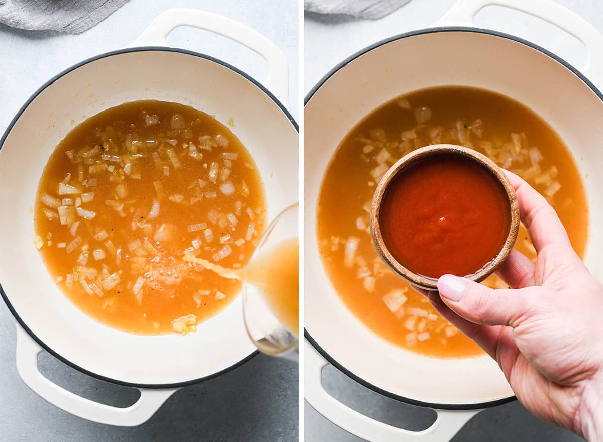 two photos showing how to make Mexican rice - adding broth and tomato sauce