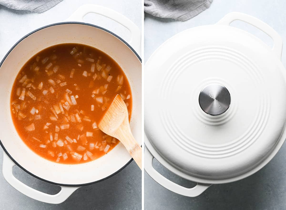 two photos showing how to make Mexican rice - bringing liquid to a boil