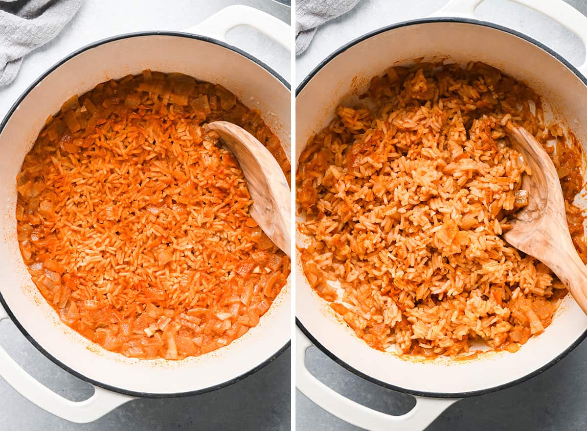 two photos showing how to make Mexican rice - stirring rice