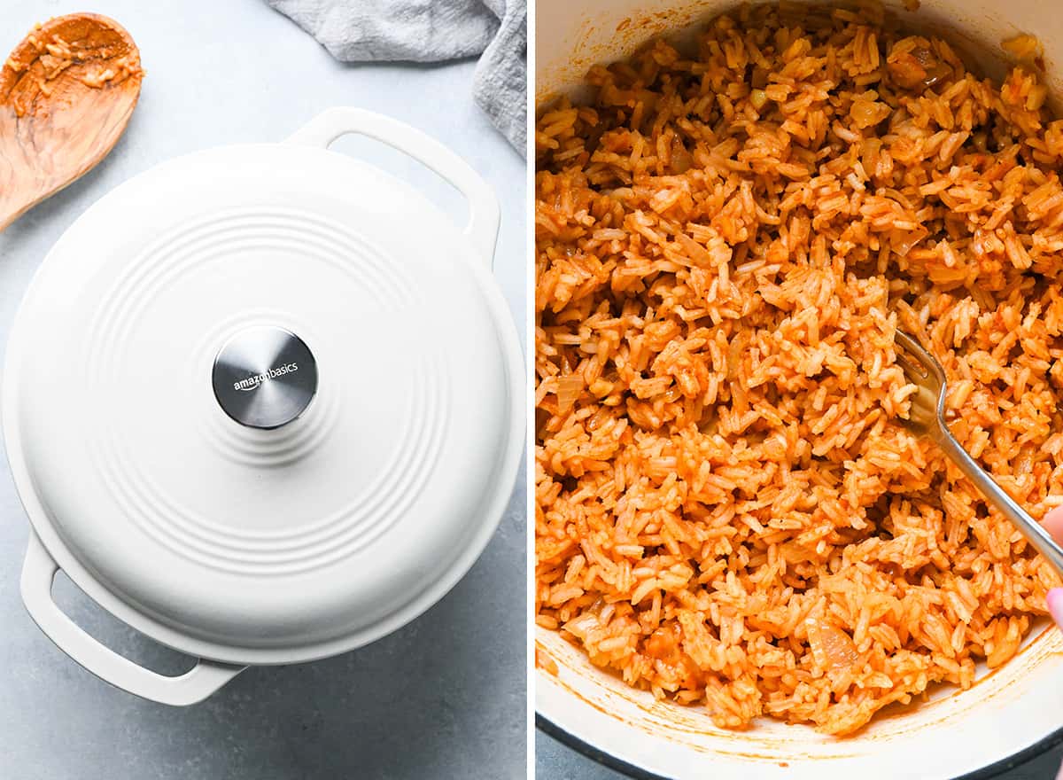 two photos showing how to make Mexican rice - fluffing rice with a fork