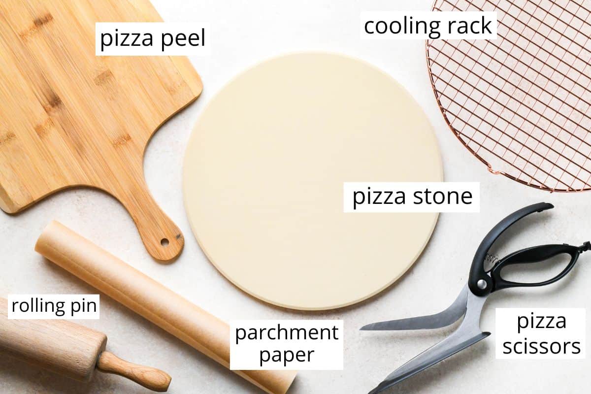 overhead photo of the labeled equipment used to make this homemade pizza recipe