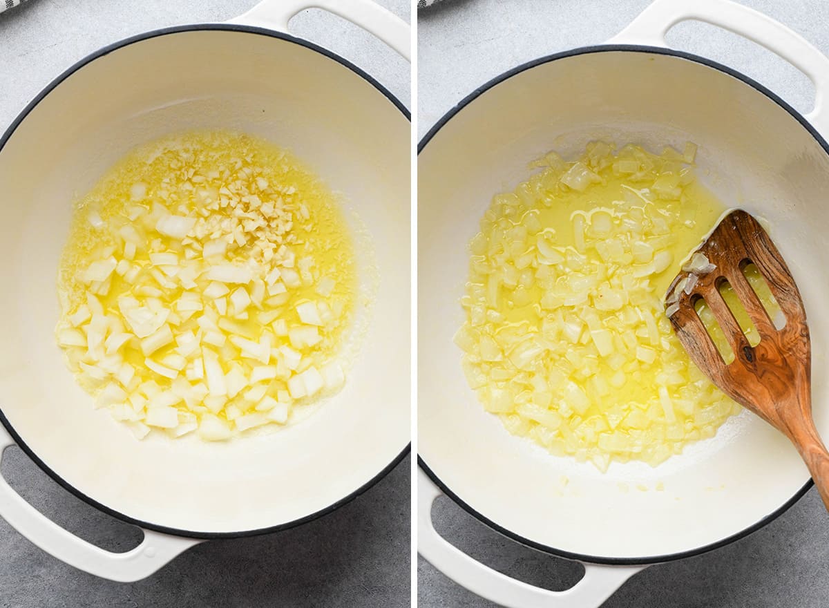 two photos showing how to make risotto -  cooking butter, onion and garlic